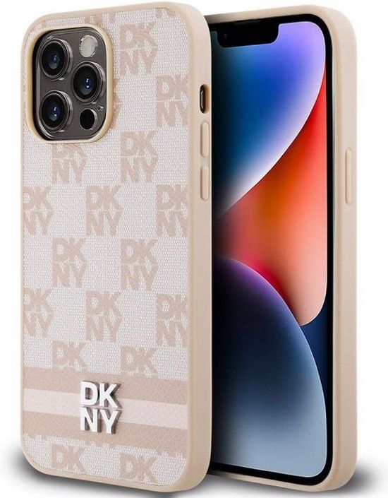 DKNY Checkered Printed Stripe Back Case for Apple iPhone 14 Pro Max - Pink