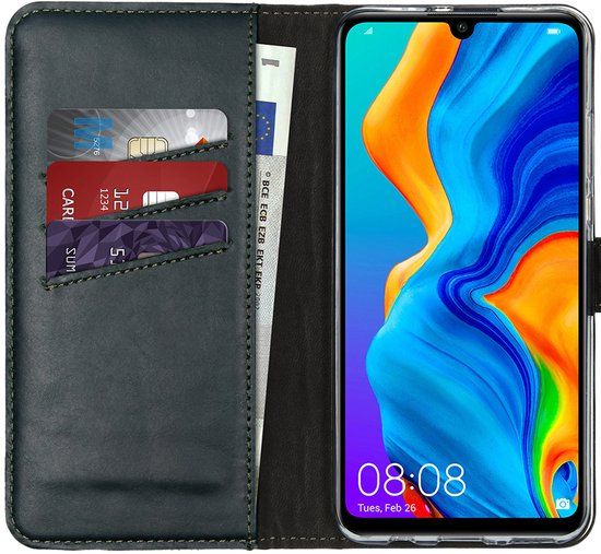 Selencia Hoesje - Geschikt voor Huawei P30 Lite - Echt Lederen Bookcase - Groen
