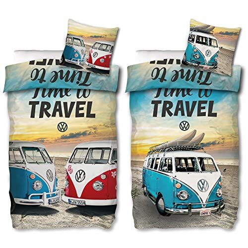 BERONAGE VW Volkswagen Bulli beddengoed Time to Travel 135 cm x 200 cm + 80 cm x 80 cm 100% katoen renforcé-linon-kwaliteit Camper Van VW-Bus 2 motieven T1 T2 T3 Retro omkeerbaar beddengoed ritssluiting 186