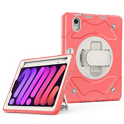 The Wolfdragon Beschermhoesje voor iPad Mini 6, 8,3 inch, robuuste beschermhoes met 360 graden draaibare standaard, verstelbare polsband & penhouder – gebroken wit + watermeloenrood