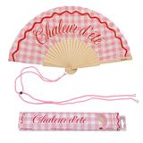 Fisura Originele waaier met boodschap "Zomerhitte", modern en kleurrijk houten accessoire, roze geruit, handwaaier, inclusief polsband, grappig cadeau-idee, 42,5 x 23 cm