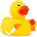 City Duck Badeend mama - met baby eendje - en fles - geel - bad speeltjes - 8 cm