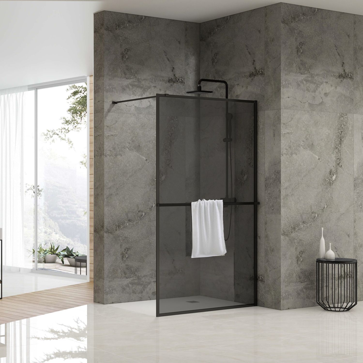 van Rijn Inloopdouche ST04 100x200cm 8mm Rookglas Zwart met Handdoekstang