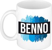 Bellatio Decorations Benno naam cadeau koffie mok - beker - met blauw verfstrepen - Cadeau collega - vaderdag - verjaardag - meester - coach - 300 ml - wit