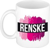 Bellatio Decorations Renske naam cadeau koffie mok - beker - met roze verfstrepen - Cadeau collega - moederdag - verjaardag - juf - coach - 300 ml - wit