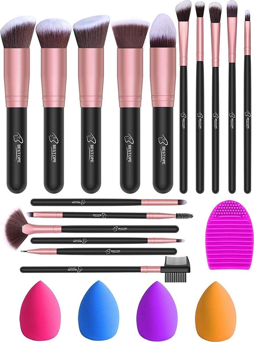 Bestope Make up Kwasten set 16-delig - 4 Beauty blenders - Make up brush set - Foundation kwast - Rosé Goud