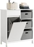 SoBuy BZR77-W Badkamerkast Wit – Kast met Kantelbare Wasmand, Lade & 3 Compartimenten – Staande Waskast 80×38×91 cm voor Badkamer
