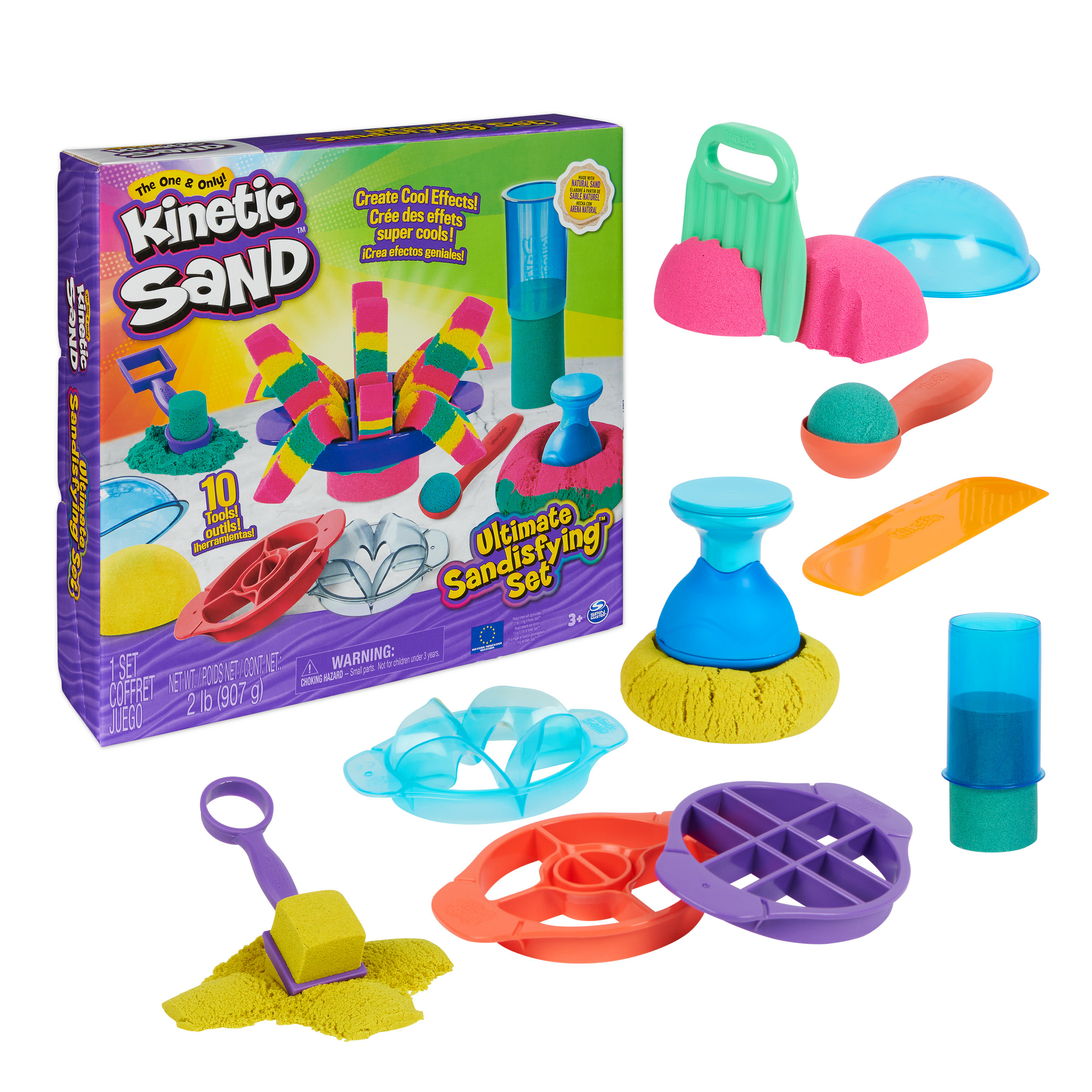Spin Master Kinetic Sand - Ultimate Sandisfying-set met 907 g roze geel en blauwgroen speelzand - met 10 vormen en gereedschappen - Sensorisch speelgoed