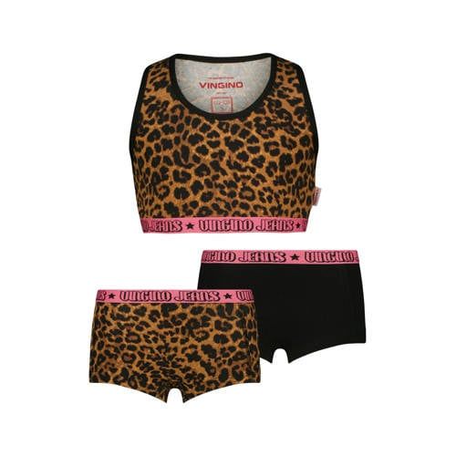 Vingino bh tops en hipsters met panterprint - bruin/zwart (set van 3)