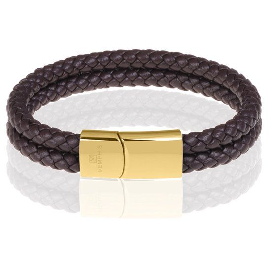 Memphis dubbele leren armband Donkerbruin Goudkleurig-20cm