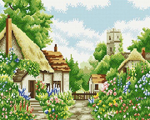 GMMH Diamond Painting GJ272 Schilderij met houten lijst, 40 x 50 cm, diamantschilderij, bloemen, mand, huis aan de beek