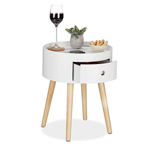 Relaxdays Bijzettafel rond, lade, houten poten, Scandinavisch design, minimalistisch, HxD 46 x 38 cm, wit/natuur, 1 stuk