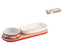 H&H Kerstset met 2 porseleinen cups, bamboesokkel, 26 x 9 cm