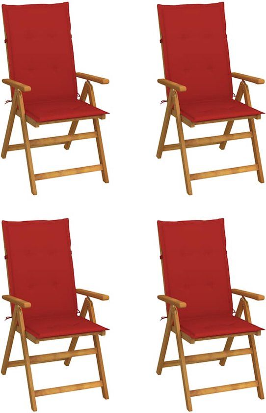 vidaXL Verstelbare tuinstoelen set van 4 met kussens, massief acaciahout, wijnrood