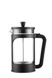 Vier Franse koffiepers/theepot, 1 l, hittebestendig borosilicaatglas, roestvrijstalen filter en zwarte deksel.