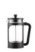 Vier Franse koffiepers/theepot, 1 l, hittebestendig borosilicaatglas, roestvrijstalen filter en zwarte deksel.