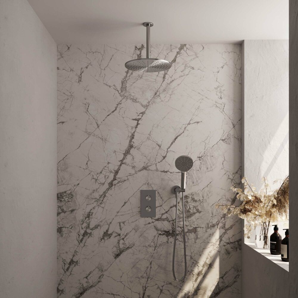 Brauer Brushed Carving thermostatische inbouw regendoucheset met 2-weg omstel 20cm plafondarm met 30cm ronde hoofddouche 3 standen ronde handdouche 150cm gladde doucheslang met aansluitbocht en handdouchehouder RVS geborsteld PVD 5-NG-132