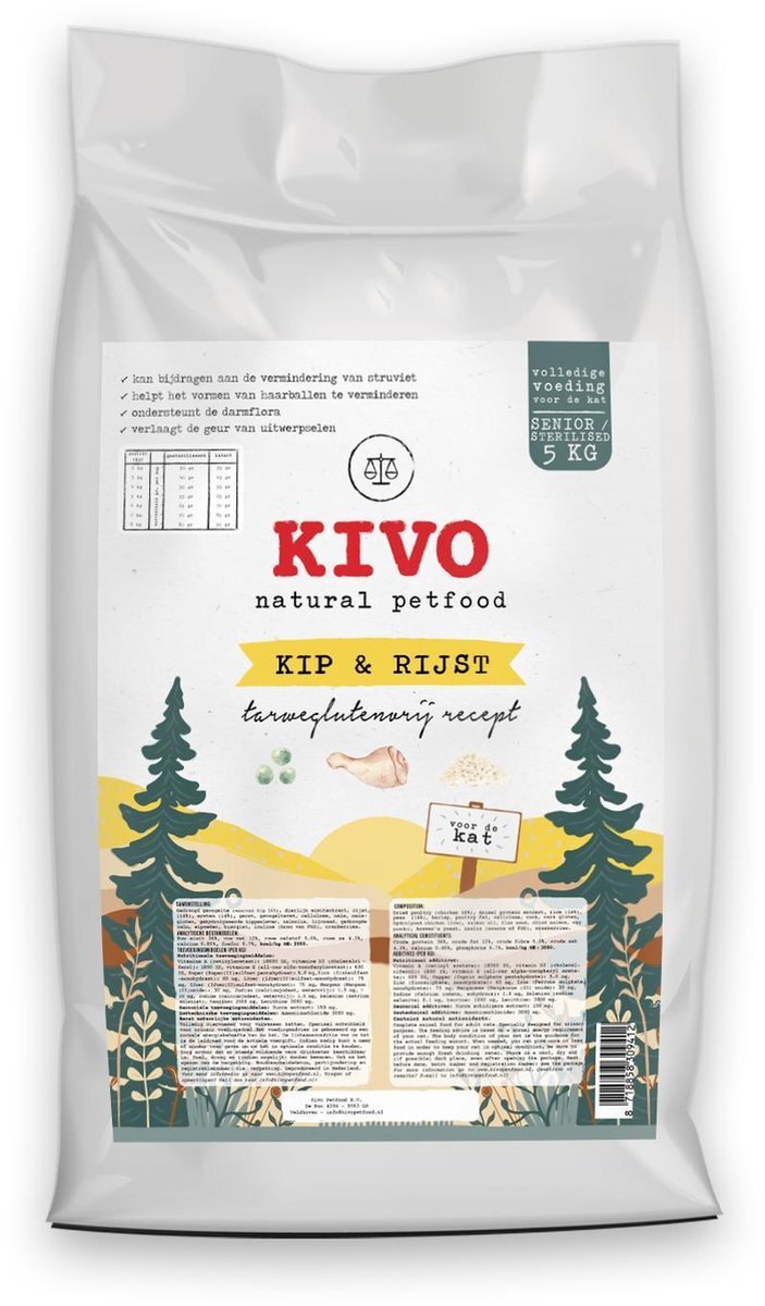 Kivo Petfood - Kattenbrokken Kip & Rijst 5 kg - Tegen struviet & haarballen - Tarweglutenvrij