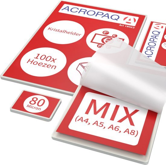 Acropaq lamineerhoezen mix-pakket 80 micron (20xA4, 20xA5, 20xA6, 40xA8 (visitekaartje))