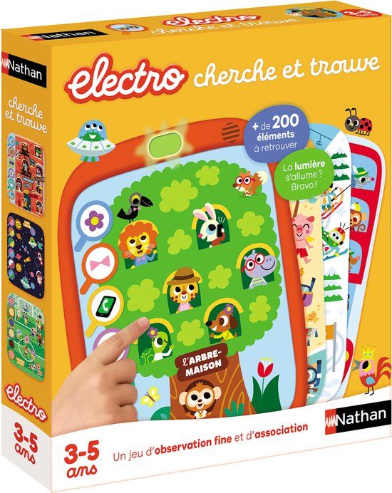 Nathan Electro zoeken en vinden – leerspel – elektronisch spel – educatieve quiz – touchscreen – verschillende thema's school, strand, oceanen, bos – 10 geïllustreerde kaarten – om mee te nemen