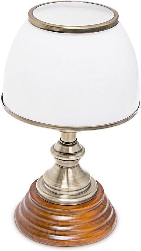 Relaxdays Klassieke tafellamp wit glas voet van hout - Leeslamp - Bureaulamp - Lamp tafel