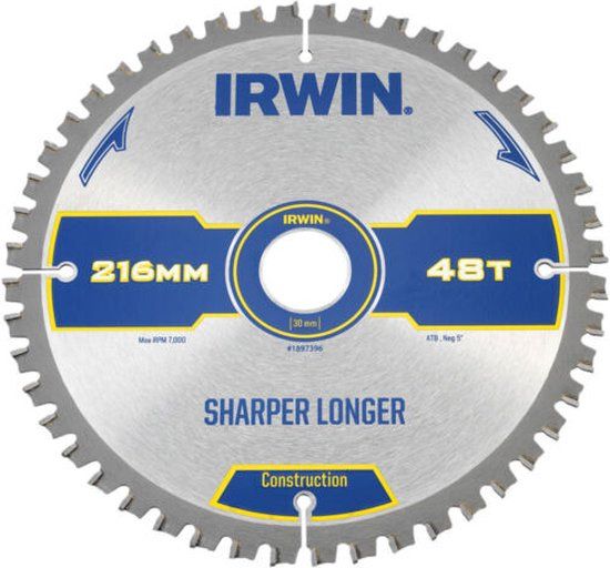 Irwin Cirkelzaagblad voor Hout | Construction | Ø 216mm Asgat 30mm 48T - 1897396