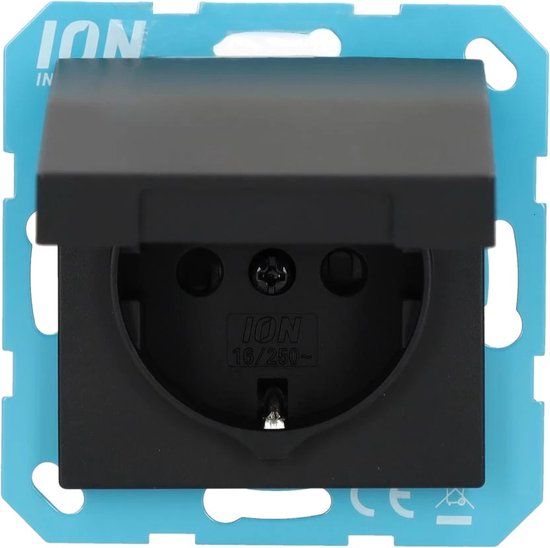 ION Industries Stopcontact V1/J1 Mat Zwart - Met Randaarde, Klapdeksel & Kinderbeveiliging