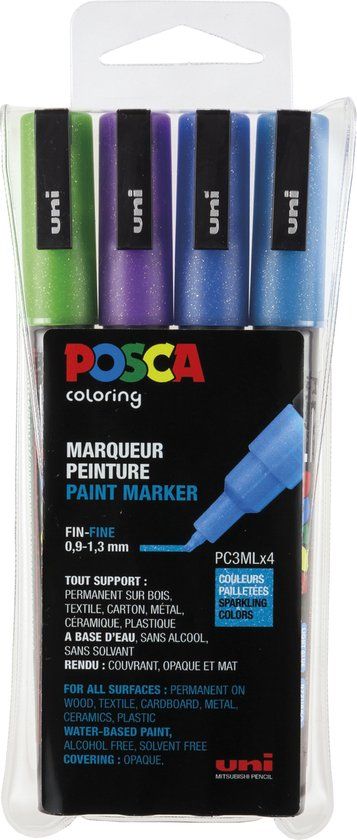 Uni Posca Stiften Sparkling colors PC3ML 0.9-1.3 mm lijn - 4 stuks - Koel