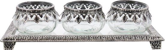 Home Accents Theelichthouder met Tray - Glas - 27x12x6,7cm - Zilver