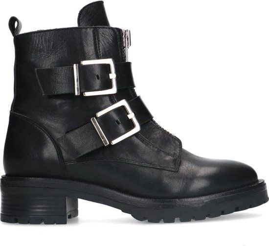 Sacha - Dames - Zwarte leren biker boots met zilverkleurige gespen - Maat 36