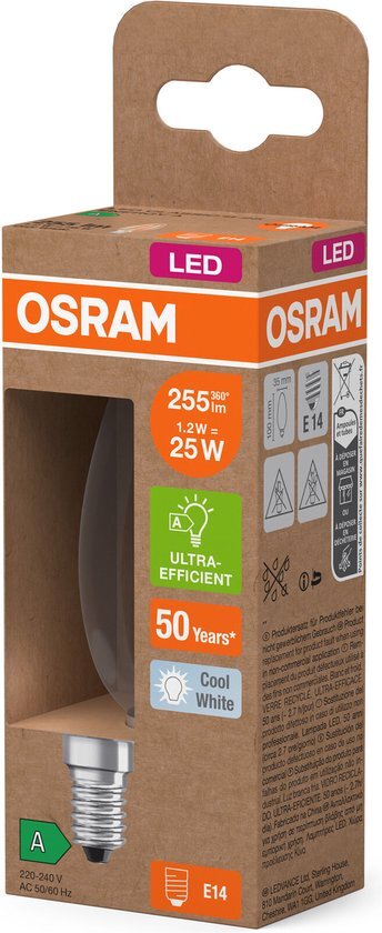 OSRAM LED-Lampe in klassischer Minikerzenform, mit dekorativem LED-Filament im Frosted Design, Energieeffizienzklasse A, E14, 1.2 W, 255 lm, 2700 K, warmweiß. Ohne Aufwärmen, sofort 100 % Licht.