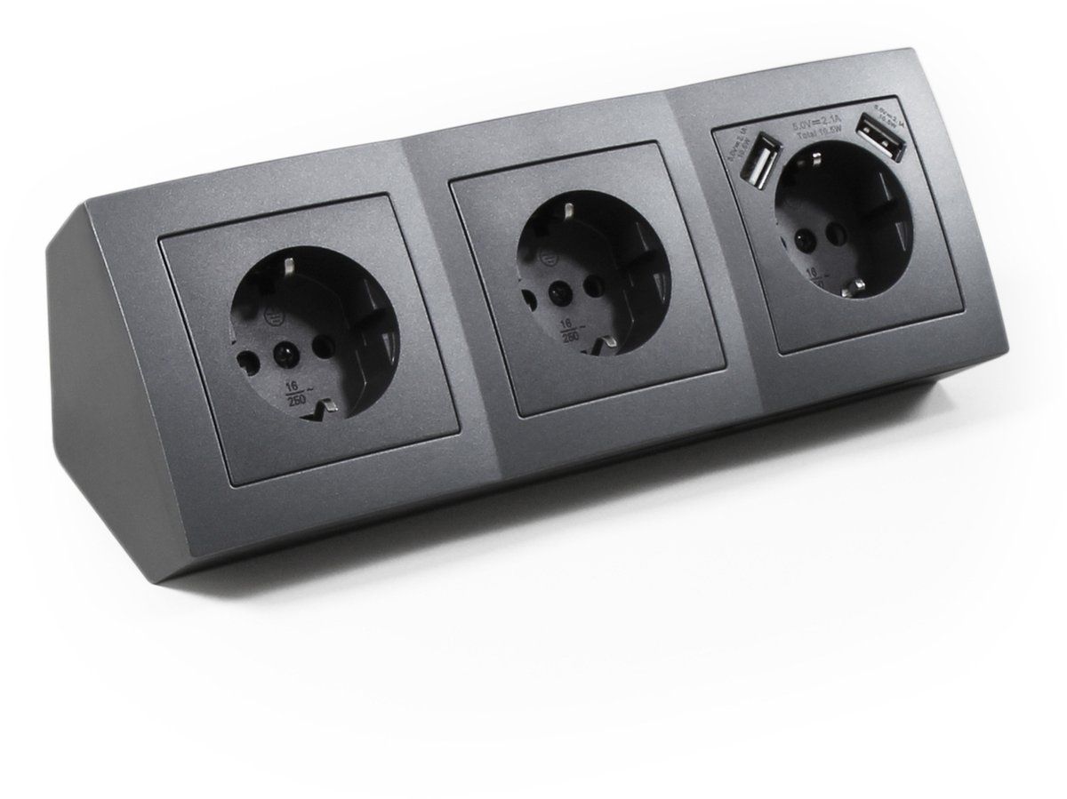 McPower Bureau Stekkerdoos met USB - Stekkerblok met 3 stopcontacten en 2 USB - Zwart