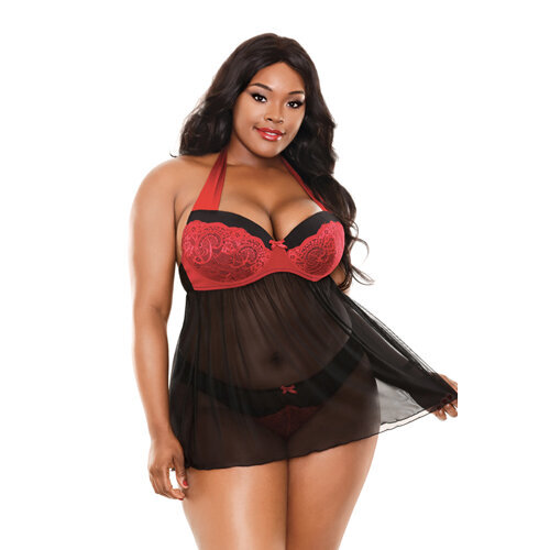 Curve Sophia Halternek Babydoll - Zwart/Rood