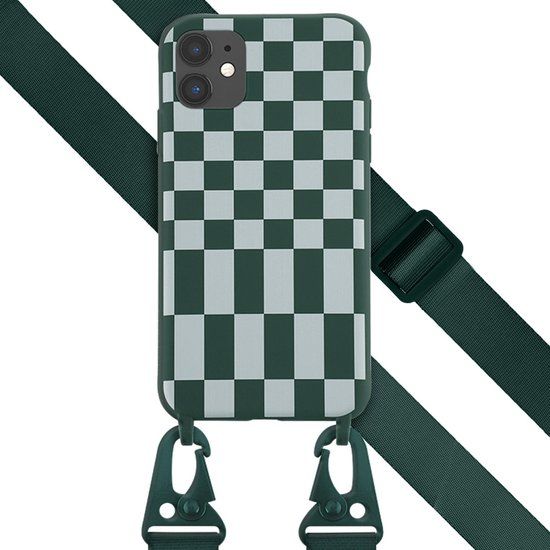 Selencia iPhone 11 Hoesje met Koord - Siliconen Design - Groen / Irregular Check Green