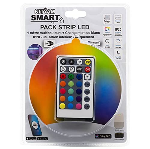 Nityam Smart 1M LED-strip, veelkleurige verbonden LED-strip (RGB) + witwissel (CCT) SMD5050, Wi-Fi + BLE, IP20 gebruik binnenshuis + afstandsbediening, Amazon / Google / Siri compatibel