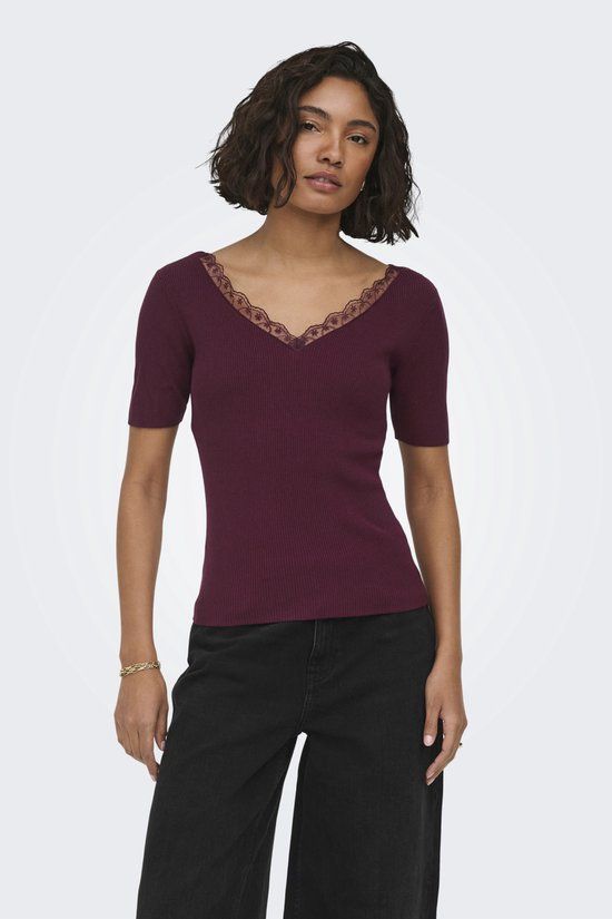 JDY Jacqueline de Yong T-shirt Jdynanna S/s Revers Lace Pullover K 15376557 Windsor Wine Dames Maat - XS