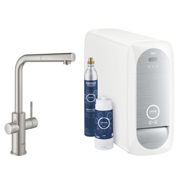 GROHE Blue Home 1-gats keukenkraan m. duo L-uitloop uittrekbaar starterkit m. Wifi bluetooth Chilled & Sparkling 3x gekoeld + 3x bruisend water supersteel 31539DC0