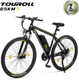Touroll Vélo VTT électrique Pneus tout-terrain 29 pouces Moteur 250W Batterie 36V 13Ah Autonomie 65km Shimano 21 vitesses Frein à disque Étanche IPX4 Noir