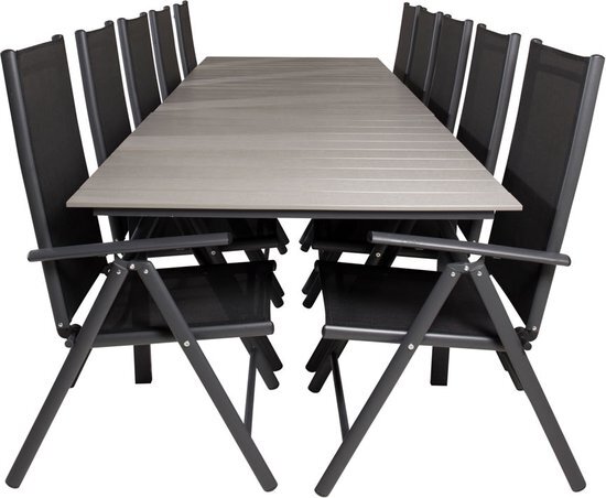 Hioshop Levels tuinmeubelset tafel 100x229/310cm en 10 stoel Break zwart, grijs.
