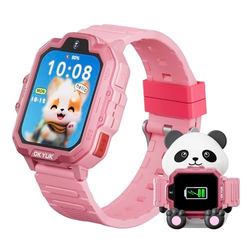 OKYUK T17 Smartwatch voor kinderen, 4G kindersmartwatch met GPS en videogesprek, SOS-noodoproep, spraakchat, sms, schoolmodus, games en panda-laadstation, kinderhorloge voor meisjes en jongens (roze)