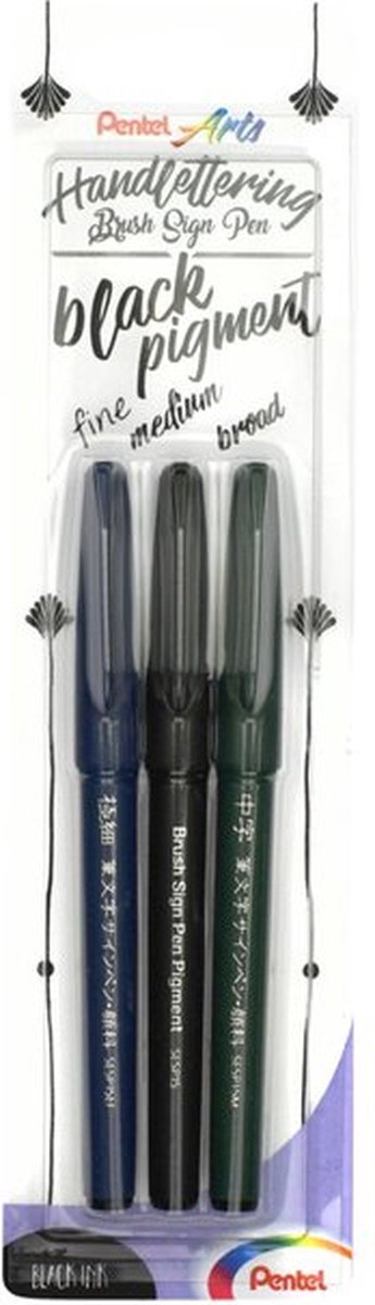 Pentel XSESP15/3 Brush Sign Pen Pigment Black Ink Edition kalligrafiepen met flexibele penseelpunt, blisterkaart met 3 lijndiktes, gepigmenteerde inkt, schrijfkleur zwart