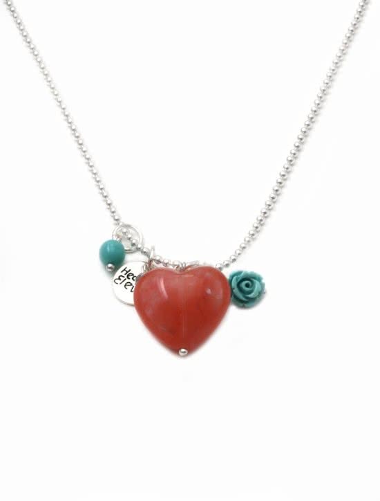 Heaven Eleven - dames ketting - Ibiza - Edelstaal rvs ballchain met een rood hart natuursteen -74cm