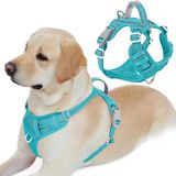 BARKBAY Anti-trek hondenharnas voorclip zwaar belastbare reflecterende eenvoudige bediening handvat voor grote honden wandelen met ID-tag zak (blauw, L)