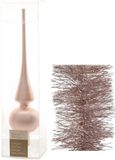 Decoris Kerstversiering glazen piek mat 26 cm en folieslingers pakket lichtroze van 3x stuks - Kerstboomversiering