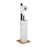 Relaxdays Zwarte toiletpapierhouder op voet, bamboe, met opbergruimte voor vervanging, 5 rollen, 71 x 19 x 19 cm, natuur, 1 element