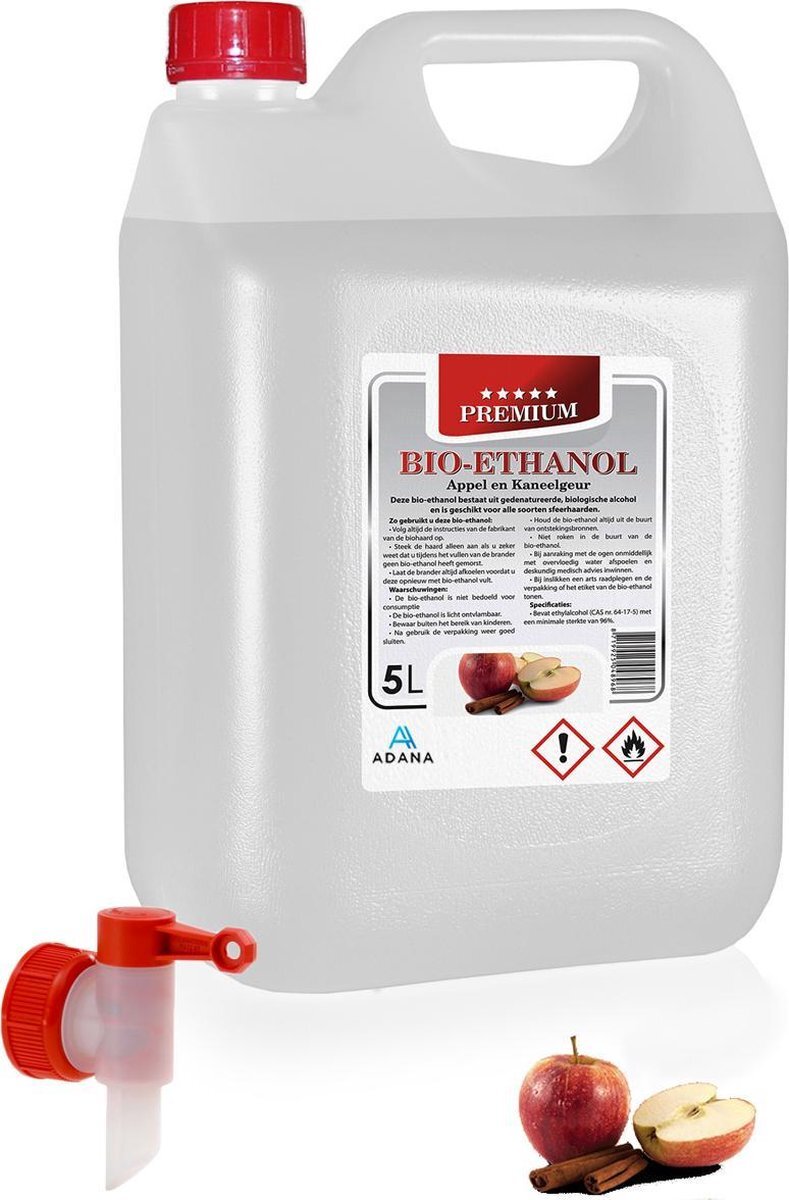 - Bio- ethanol met Appel- en Kaneelgeur-PREMIUM -bioethanol 96,6% biobrandstof -5 liter -incl. dopkraan