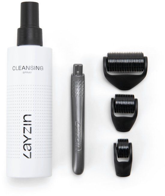 LAYZIN Dermaroller Microneedling Set – 3 Roller Heads 0,35 mm, 0,55 mm & 1,2 mm + 200 ml Reinigingsspray – Huidverjonging, Rimpel- & Littekenvermindering – Striae & Haargroei – Gezicht, Lichaam & Hoofdhuid