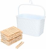 Merkloos / Sans marque Plastic Forte Wasknijpers mandje met ophanghaak - wit - gevuld met 100x houten wasknijpers van 7 cm