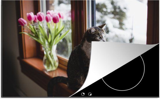 KitchenYeah® Inductie beschermer 77x51 cm - Kat in vensterbank - Inductiebeschermer