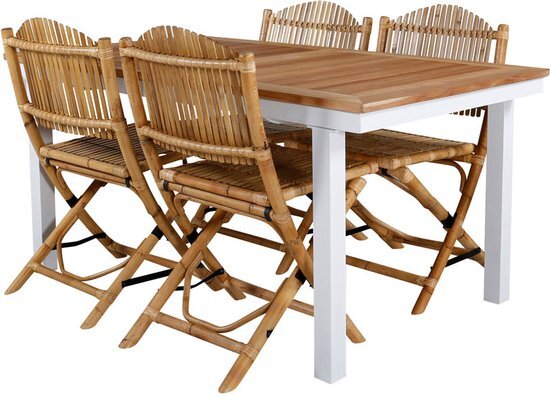 Hioshop Panama tuinmeubelset tafel 90x160/240cm en 4 stoel Cane lichtgrijs, naturel.